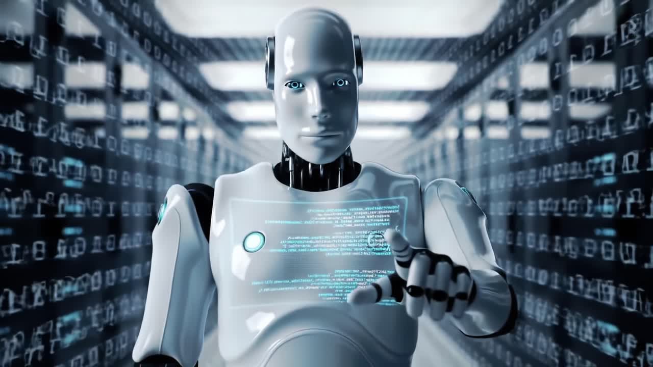 A Futuristic Cybernetic Being Stands Among Rows of Data Servers, Displaying Sophisticated Digital Interfaces and High-Tech Features in a Modern Computing Environment
