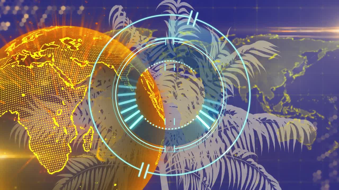 animación de escaneo de alcance en todo el mundo con redes de conexiones y palmeras