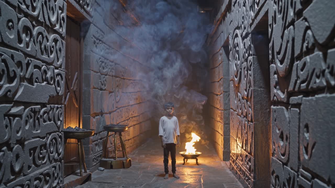 Young boy stands in ancient stone corridor illuminated by flickering firelight, surrounded by intricate carvings, showcasing a mysterious and captivating atmosphere of adventure