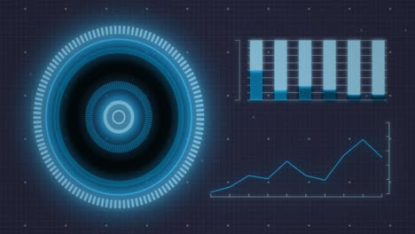 Animation-of-interface-with-neon-round-scanner-and-data-processing-against-blue-background