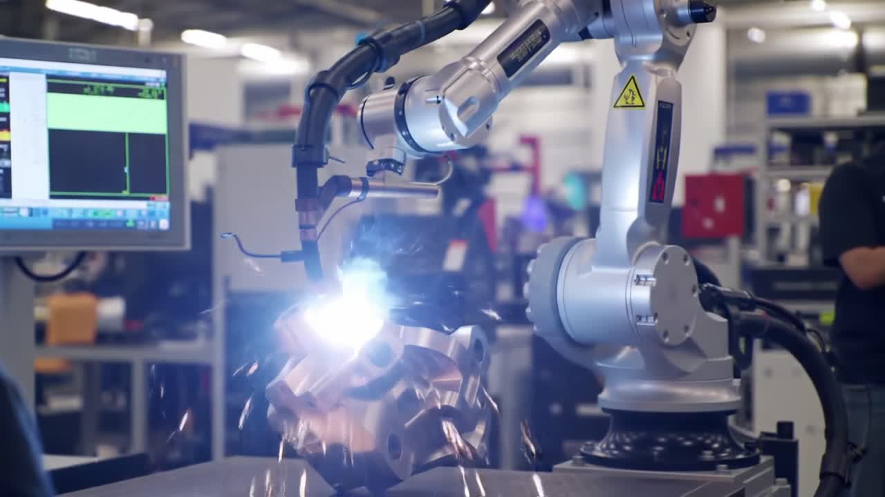 Precision Robotics: Automated Metal Welding with Advanced Technology in a Modern Manufacturing Environment Showcasing Sparks and Machinery