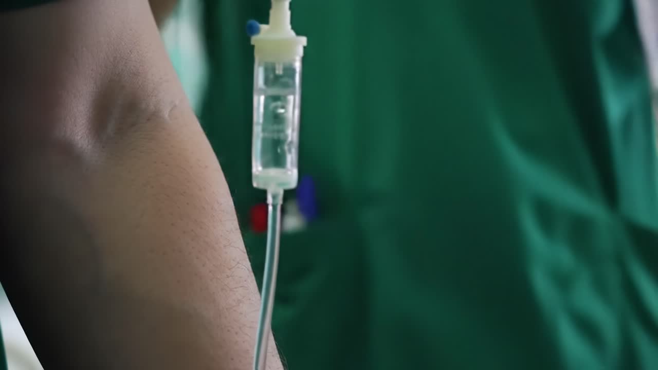 A patient receives intravenous treatment in a hospital room. The environment is calm and bright, with medical equipment visible in the background. Attention is focused on patient care.