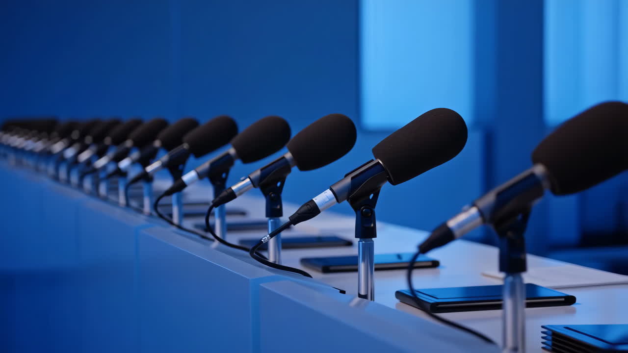 Row of microphones set up for a press conference or meeting