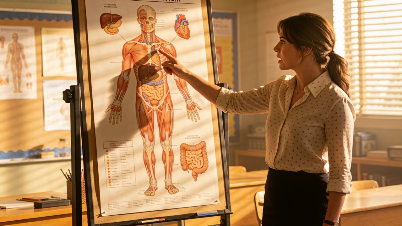 Donna con camicetta chiara e gonna scura che indica, tracciando una tabella anatomica a scuola, mentre la lezione sta per iniziare, con spazio per il testo.