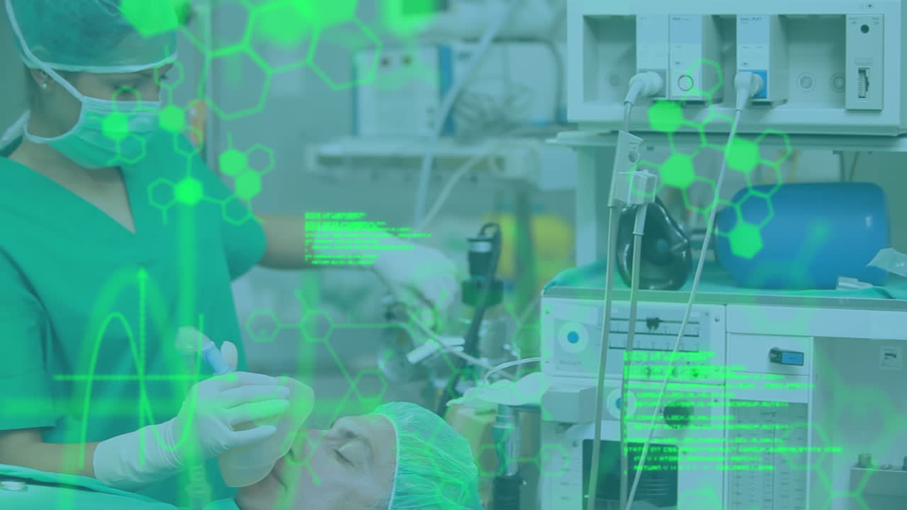 Animation of medical data processing over surgeons operating on patient in theatre