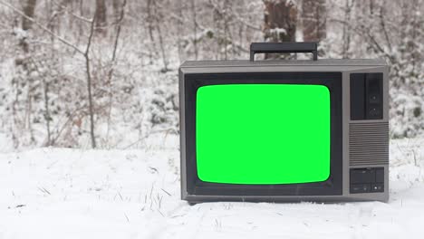 겨울철에 눈으로 인 바닥에 녹색 화면을 가진 빈티지 tv