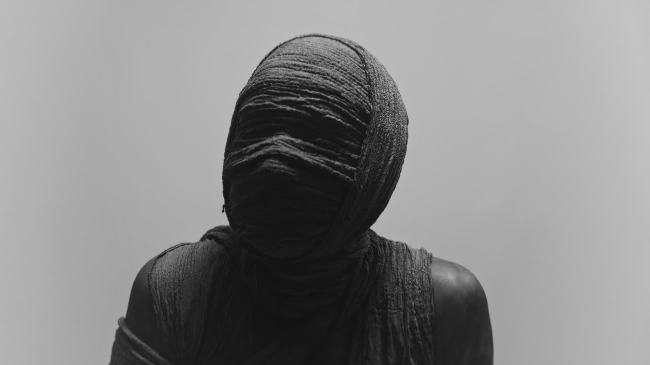 A mummy of a woman on a white backdrop turns her head