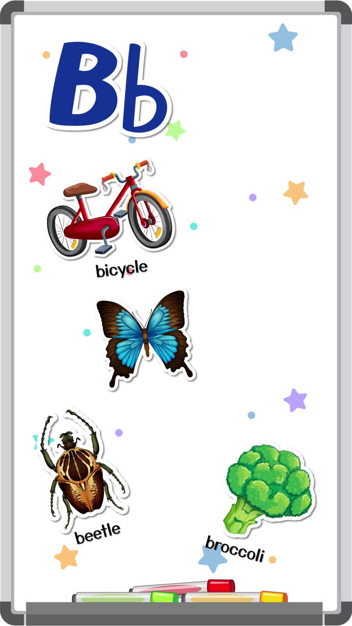 Una lavagna bianca animata mostra la lettera B con vari oggetti che appaiono per insegnare il vocabolario e la fonetica.