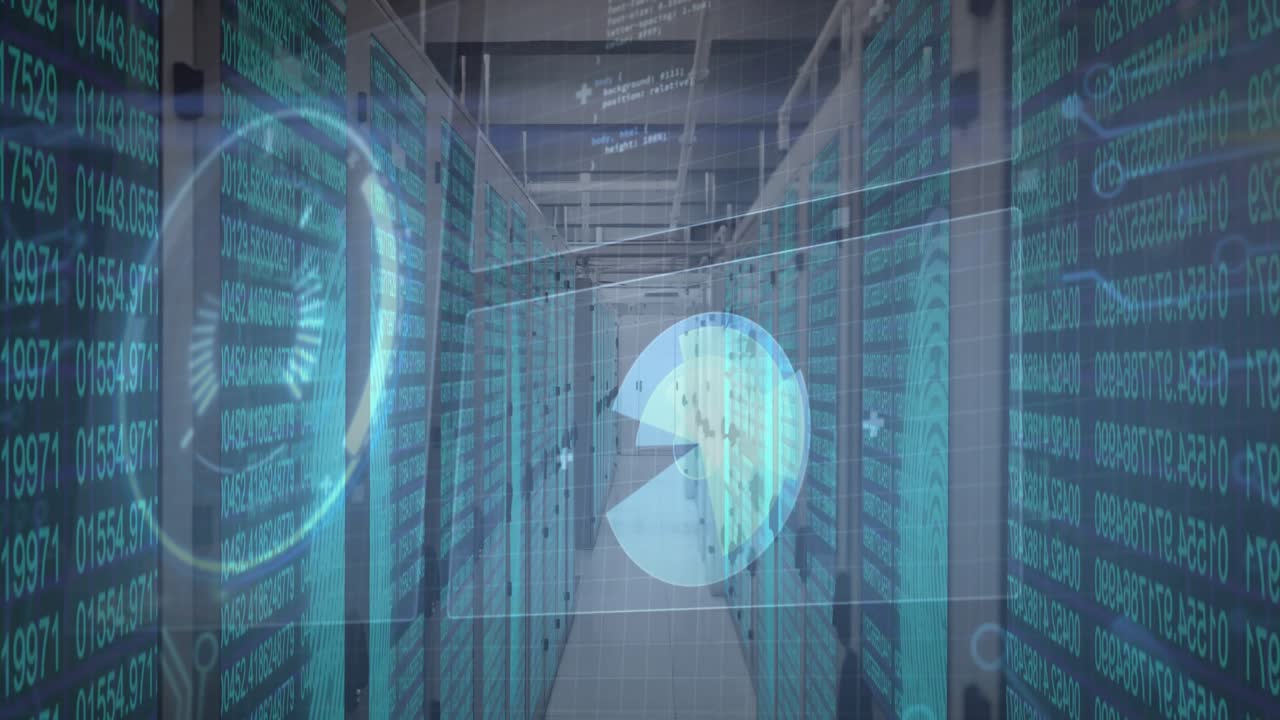 Translucent HUD appearing over server row, overlays rotating pulsing tilting visualizing data