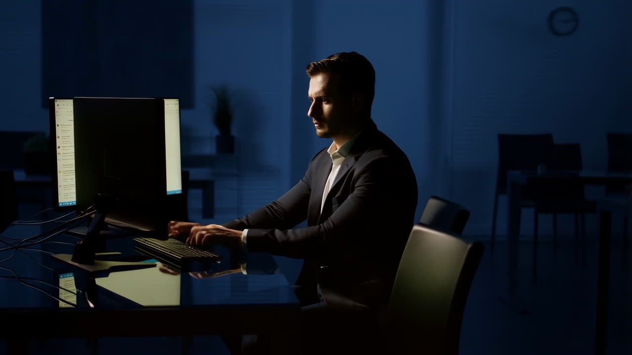 Uomo che lavora al computer in un ufficio buio a tarda notte