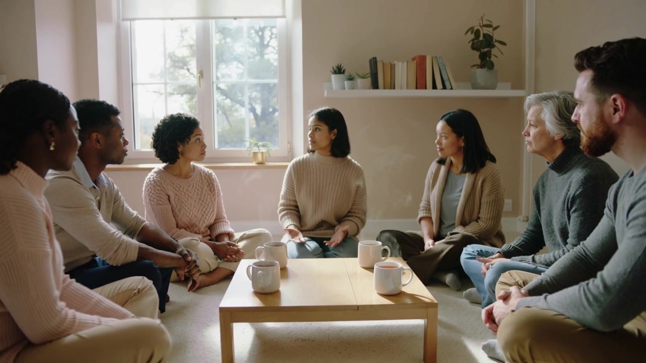 En kvinde i en beige sweater fortæller en historie og søger hjælp omkring et sofabord derhjemme med krus.