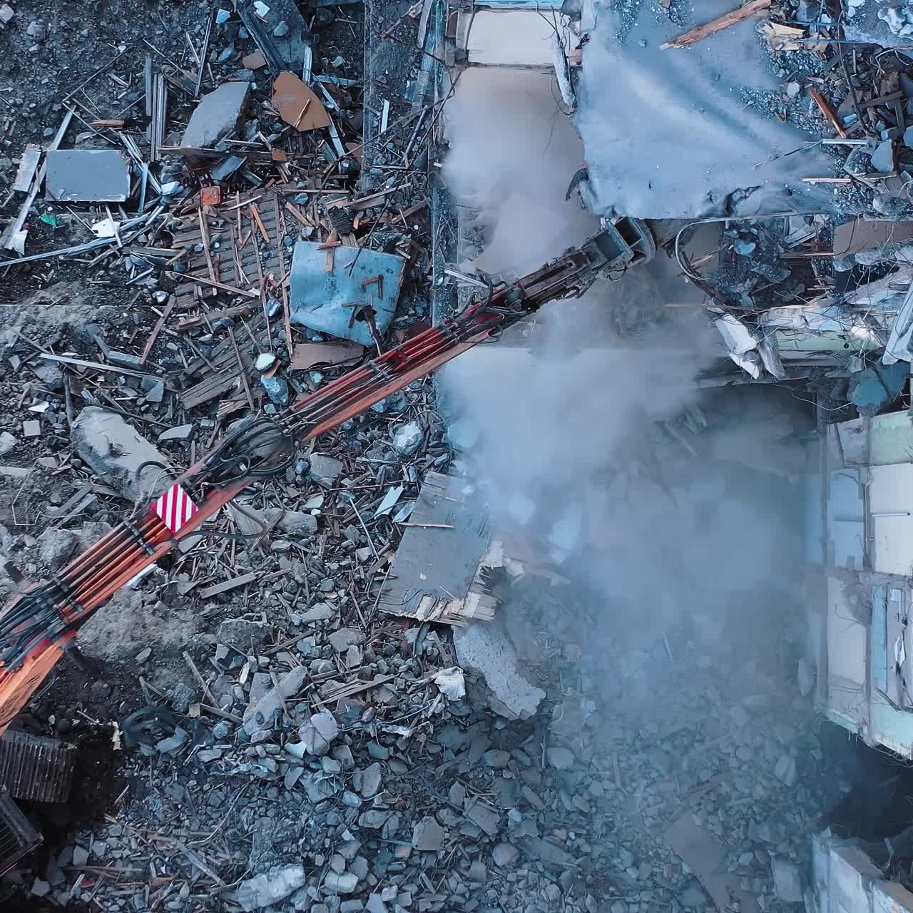 Demolution Destruction an Old House Building. Destroying Old House With Bulldozer Mechanical Arm