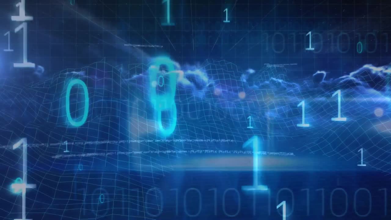 Binary coding data processing over clouds in sky against blue background