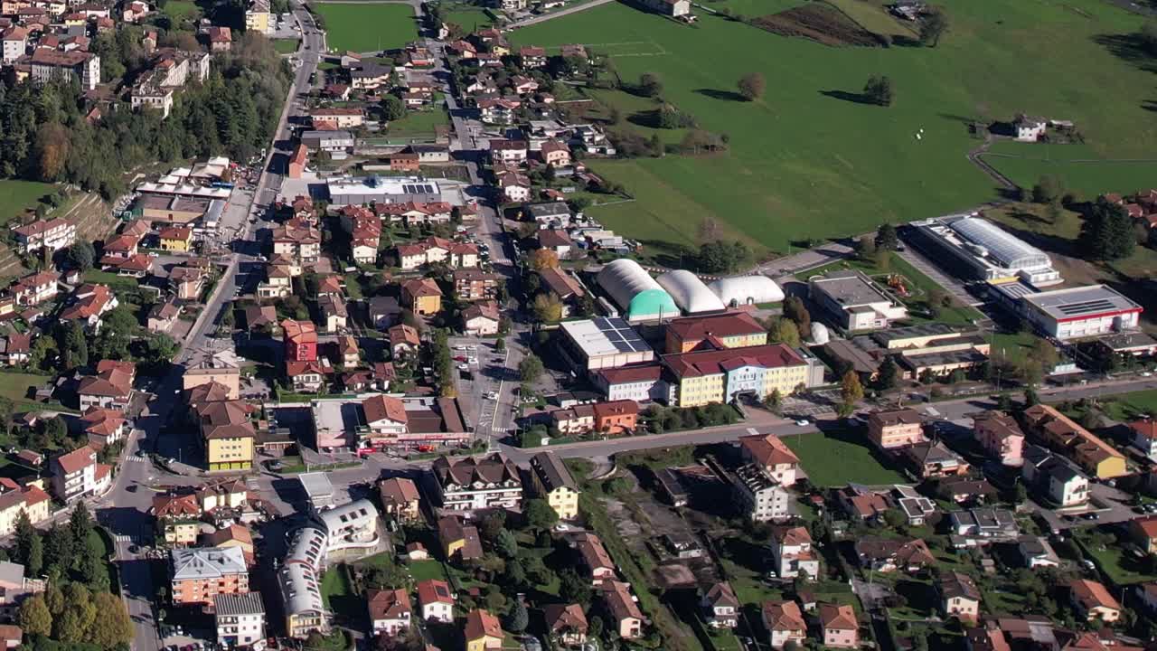 Aerial view of a small town in the Alps region of Italy