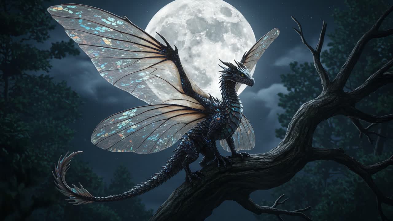 A Majestic Dragon with Iridescent Wings Sits Proudly on a Branch Under a Full Moon, Surrounded by Enchanted Forest Scenes That Create a Mystical Atmosphere