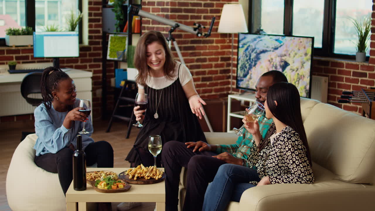 Diverse group of people listening to funny tale from host in living room