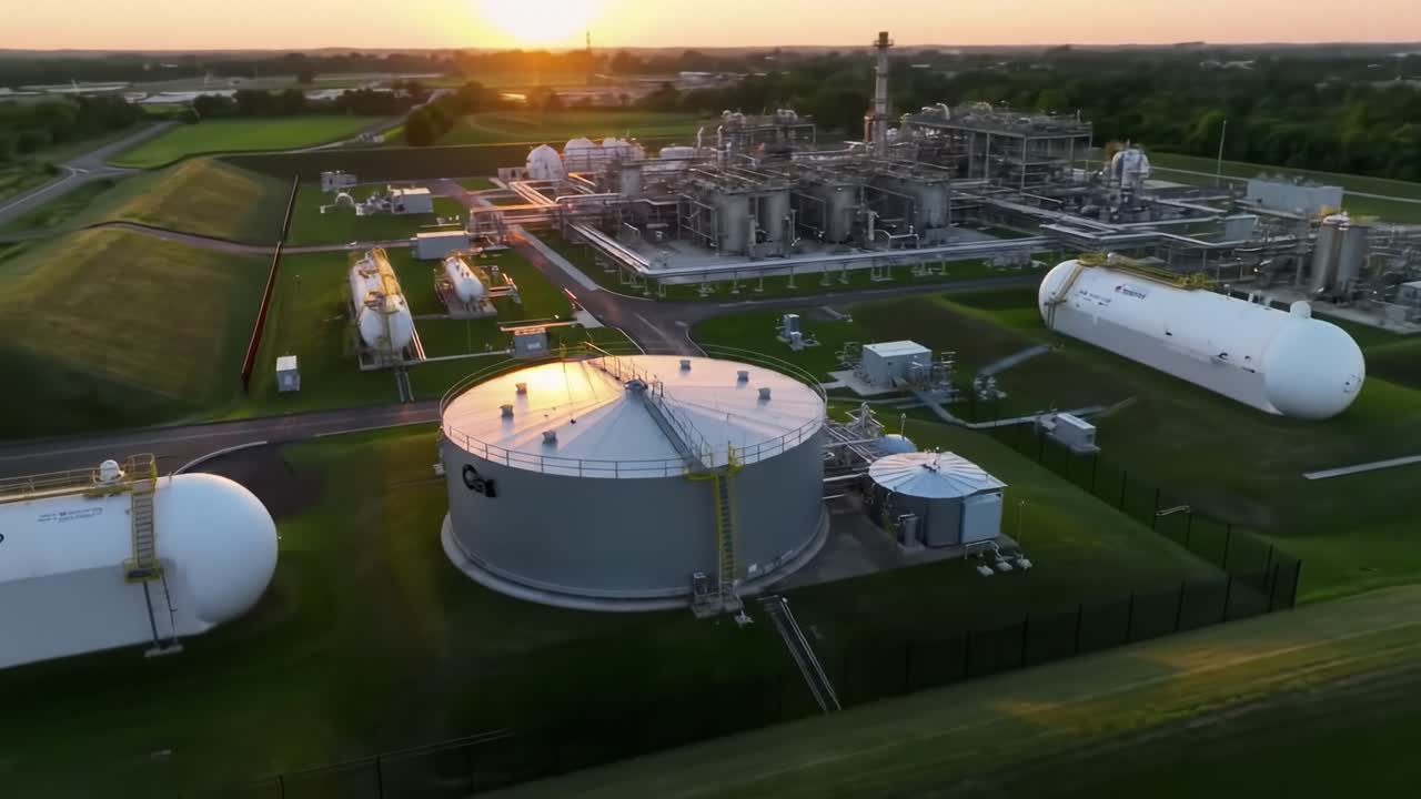 Aerial View of Industrial Facility at Sunset: Tanks, Pipelines, and Production Units Surrounded by Lush Greenery and Horizon Glowing in Evening Light