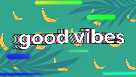 Digital-animation-of-good-vibes-text-against-light-trails-and-multiple-bananas-on-green-background