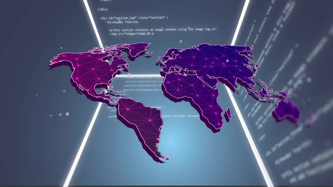 conexiones de red y procesamiento de datos animación en el mapa del mundo