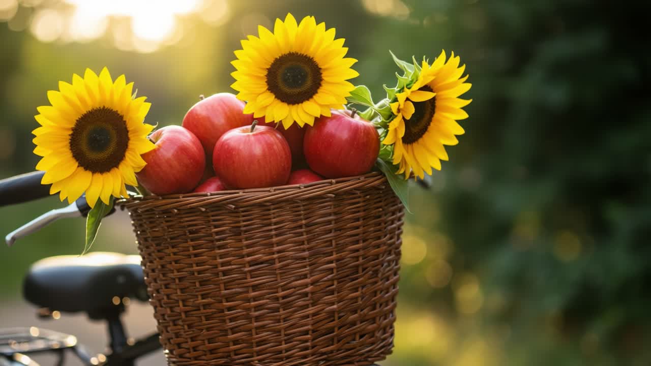 A Charming Basket Overflowing with Bright Red Apples and Cheerful Sunflowers, Set Against a Warm, Natural Background Enhancing the Beauty of Nature and Fresh Produce