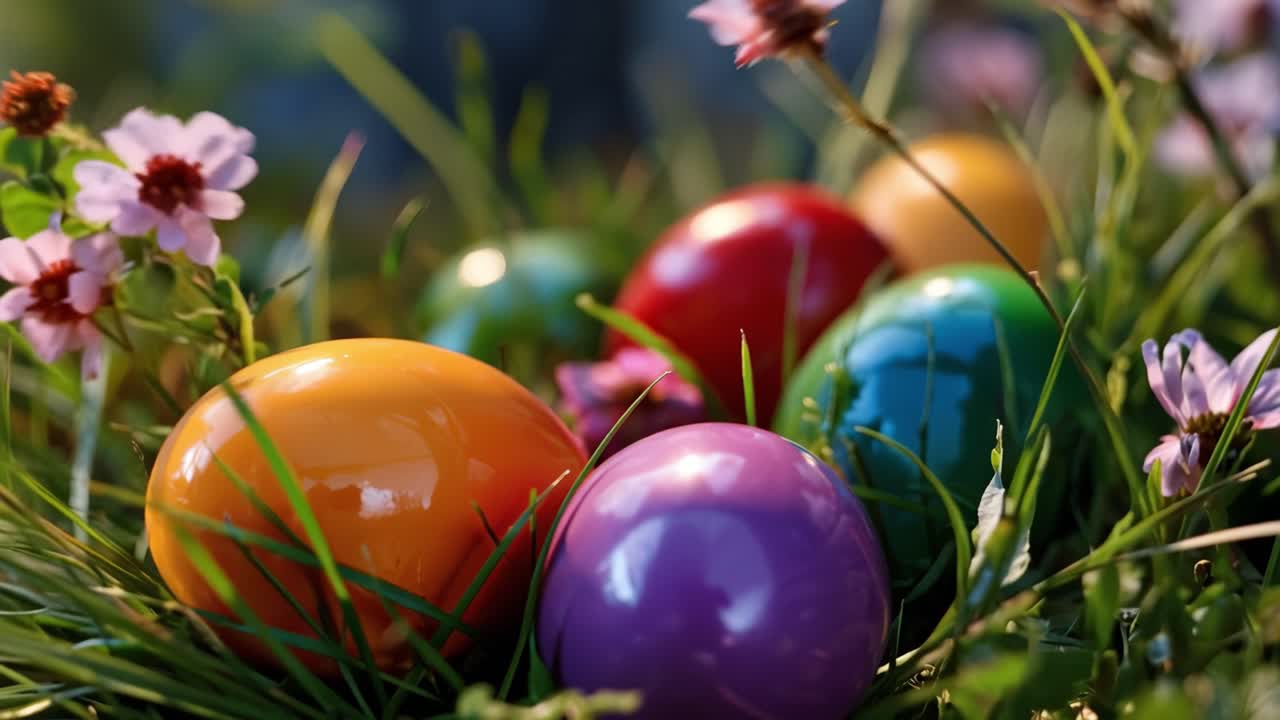 Colorful Easter eggs rest among green grass and small flowers. Bright hues reflect sunlight on smooth, glossy shells. Nature's soft textures surround each vibrant egg. Perfect for springtime, holiday