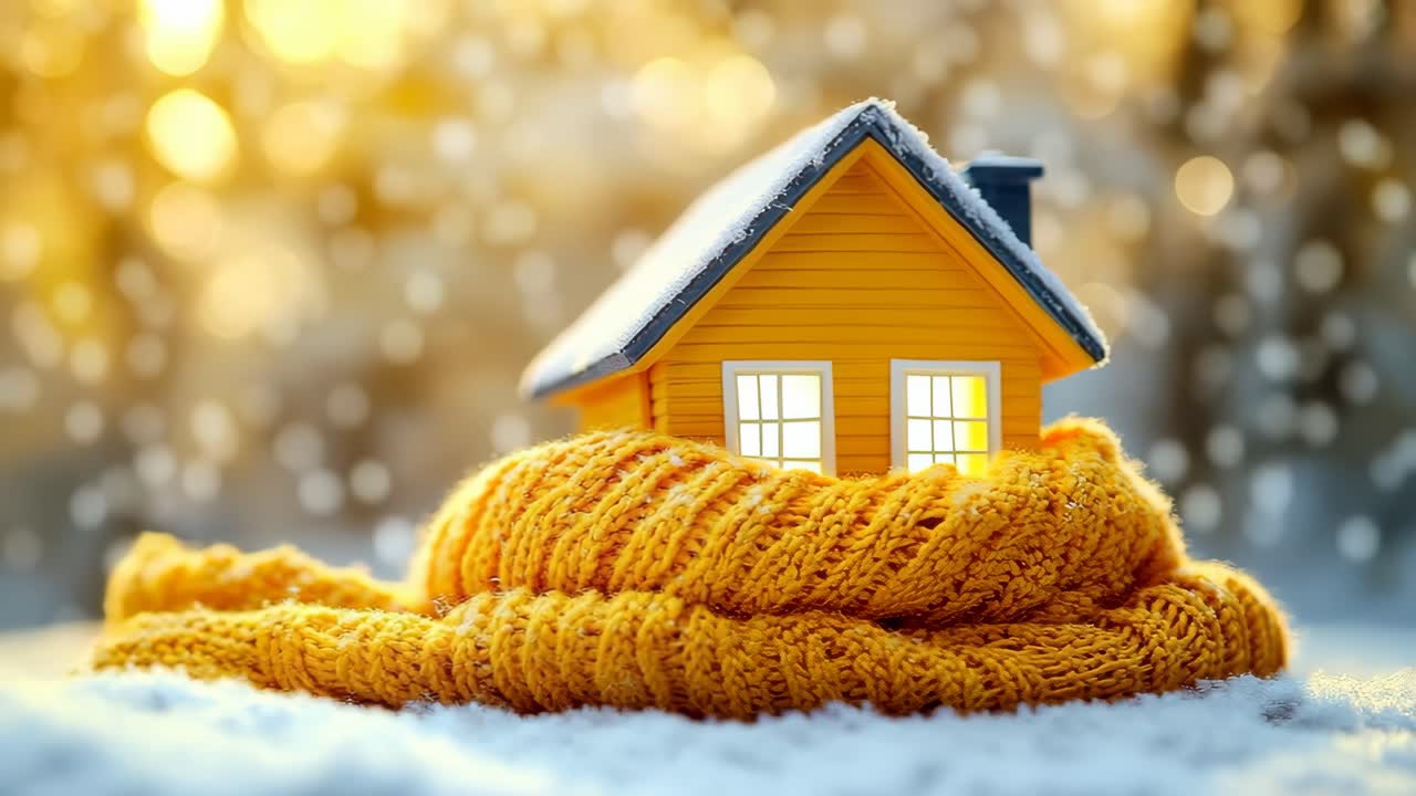 Winter warmth for a cozy little home. A small yellow house wrapped in a cozy orange scarf sits in a snowy landscape with gentle sunlight shining through.