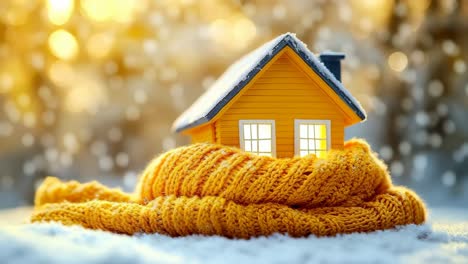 winter warmth for a cozy little home. a small yellow house wrapped in a cozy orange scarf sits in a snowy landscape with gentle sunlight shining through.