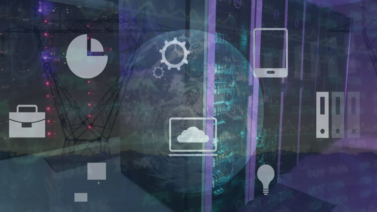 animación de múltiples iconos digitales y globo contra la sala de servidores de computadoras y torres de red