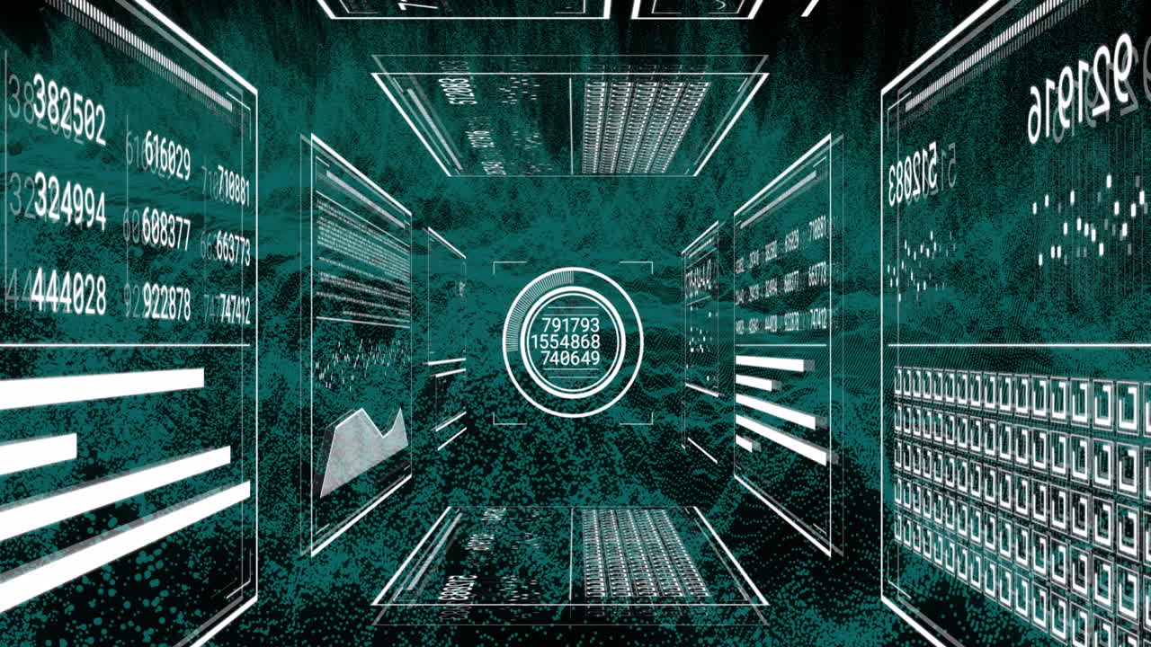 Animation of data processing over green lines on black background