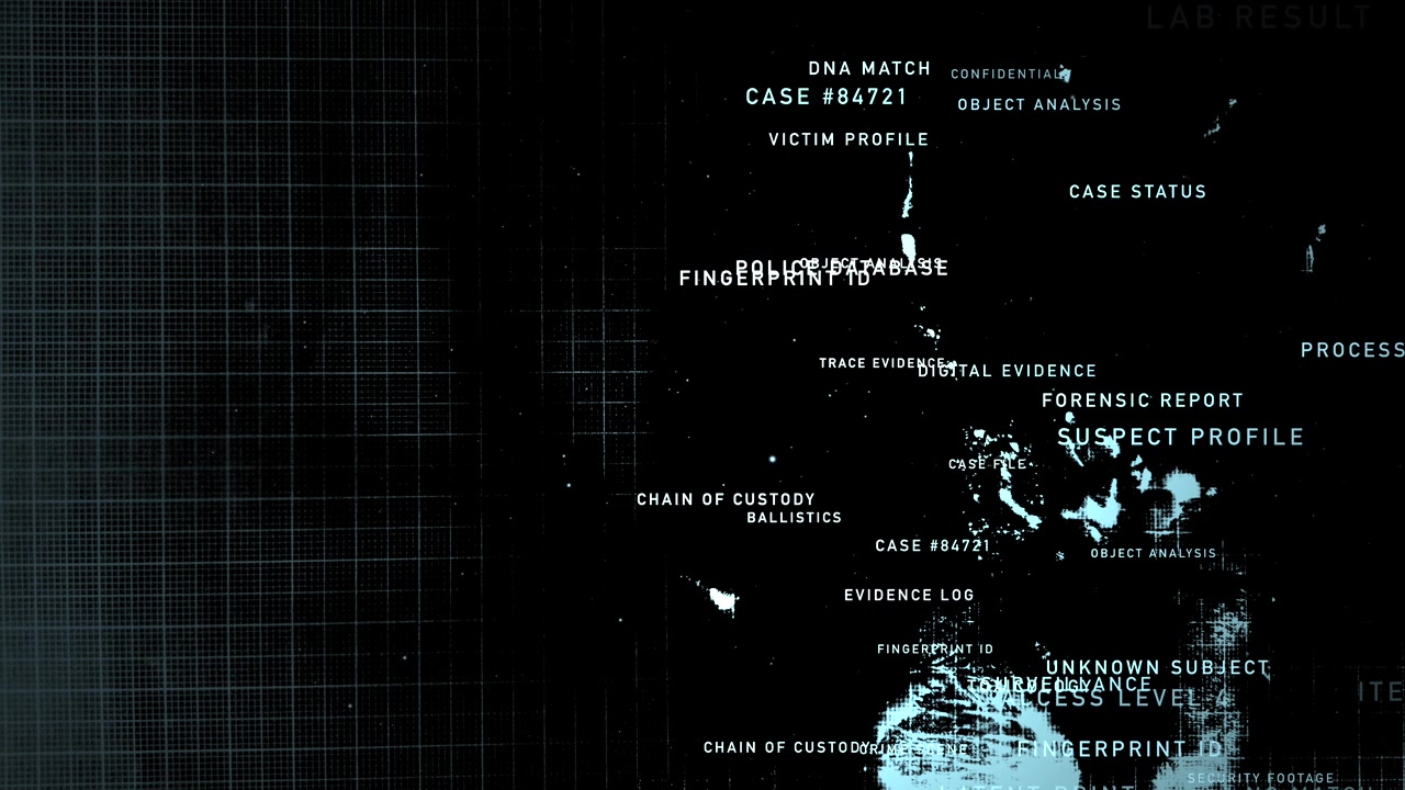 A futuristic cyber police database interface executing a biometric forensic DNA scan, fingerprint comparison, and criminal intelligence data analysis.