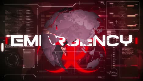 animation of text, emergency with biohazard symbol and globe rotating over data processing