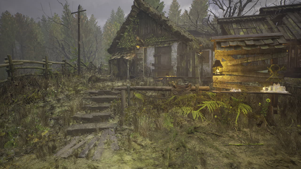 Enchanted cottage nestled in a foggy forest landscape at twilight hour