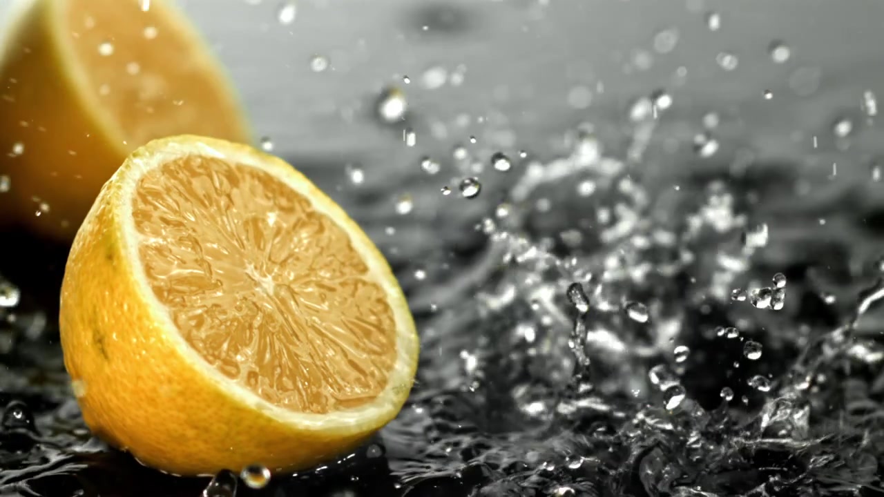 Fresh Lemon Half with Water Splashing in Slow Motion
