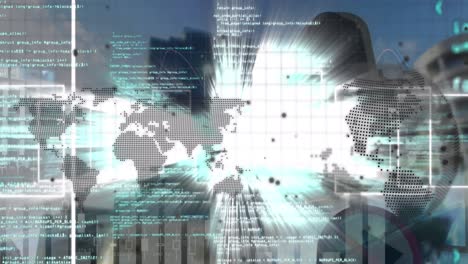 animation of world map and globe with data processing and light trails over cityscape