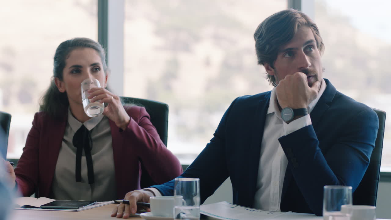 기업 사업가들이 이사회 회의실에서 브레인스토밍을 하고 전략을 논의하고 동료들이 아이디어를 공유하고 마감일에 일하고 사무실 4k에서 협력합니다.