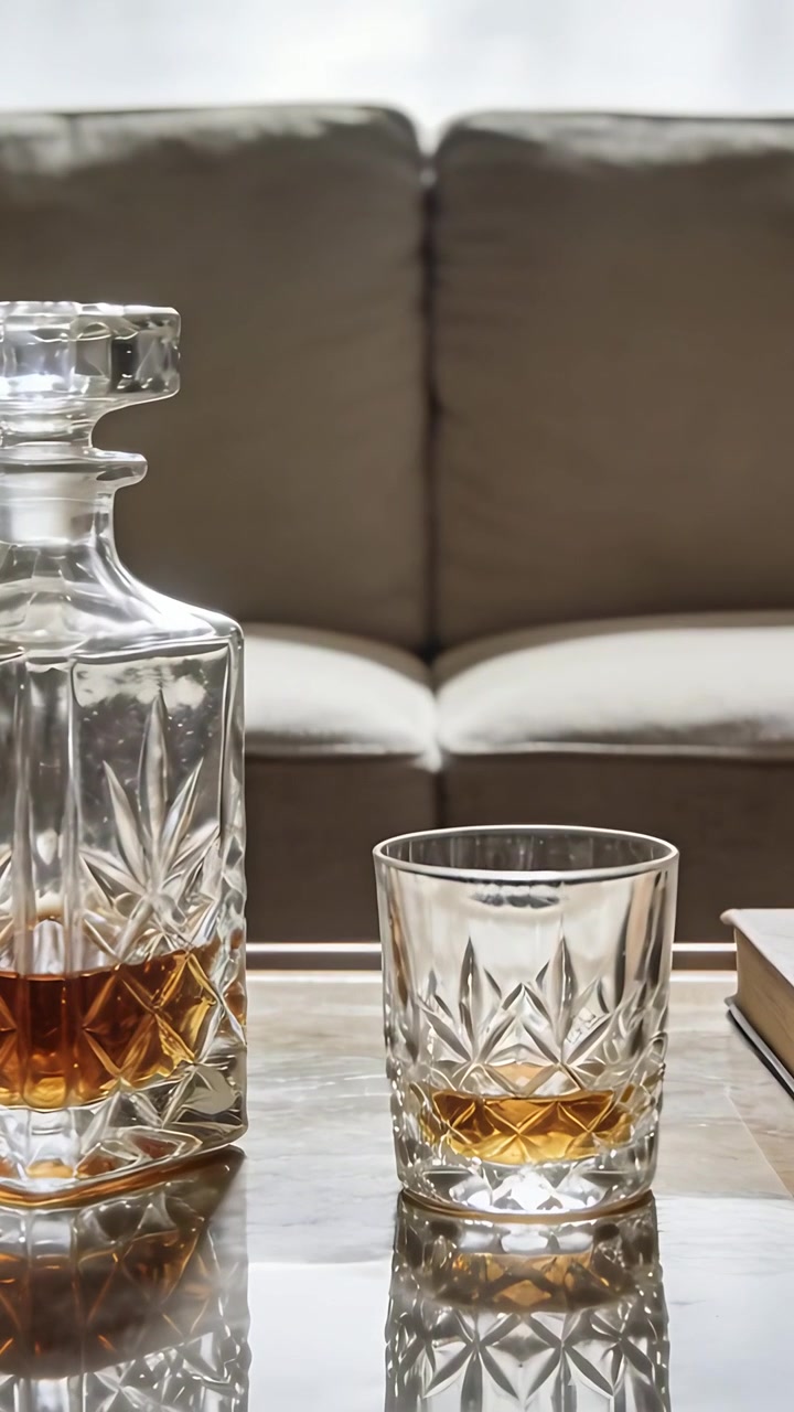 Video verticale: Telecamera che riprende un decanter e un bicchiere di cristallo su un piano di vetro, con il sole che si sposta e un libro.