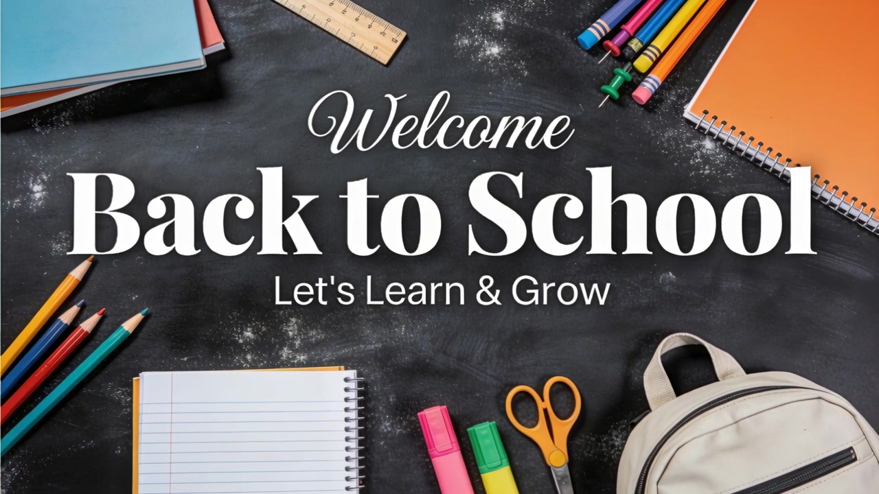 Showing 'Welcome Back to School' title starting frame and subtly zooming on chalkboard with pencils