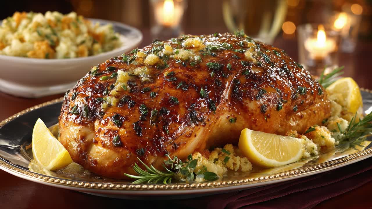 A beautifully roasted turkey adorned with herbs, lemon slices, and stuffing, served on an elegant platter, set against a warm, inviting background with candles and festive decorations