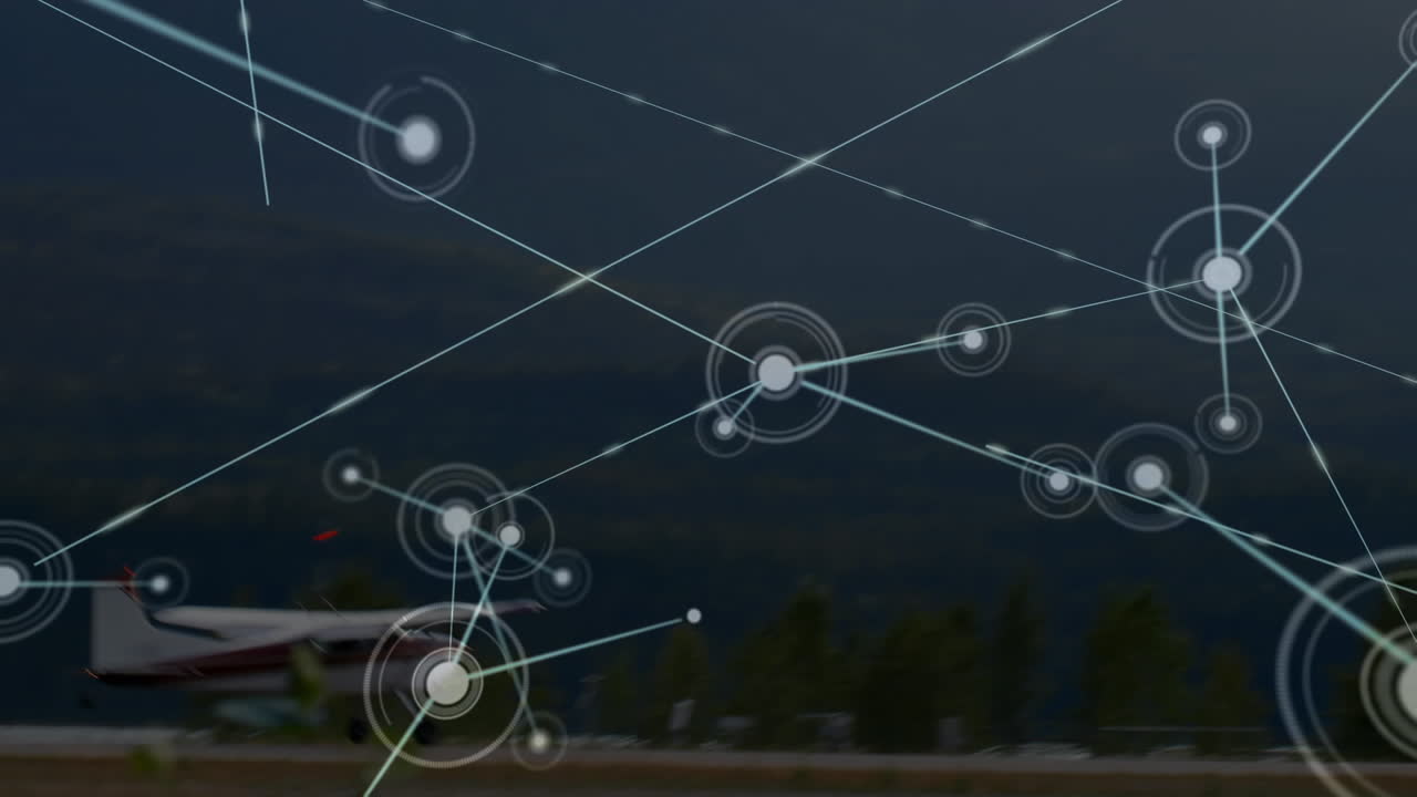 animación de la red de conexiones sobre el aterrizaje del avión en la pista de un aeropuerto