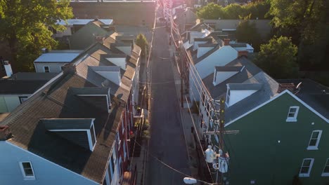 aerial shot of narrow street in urban city back street alley of american town