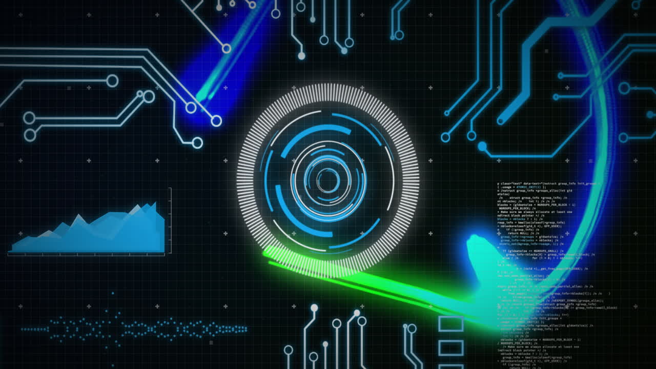 검은 바탕에 원형 스캐너, 데이터 및 메인보드 위에 파란 빛 트레일의 애니메이션