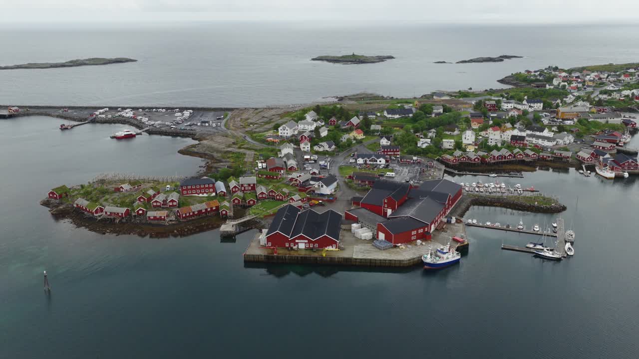 Drone shot of Reine in Lofoten Islands in Norway during summer 4k
