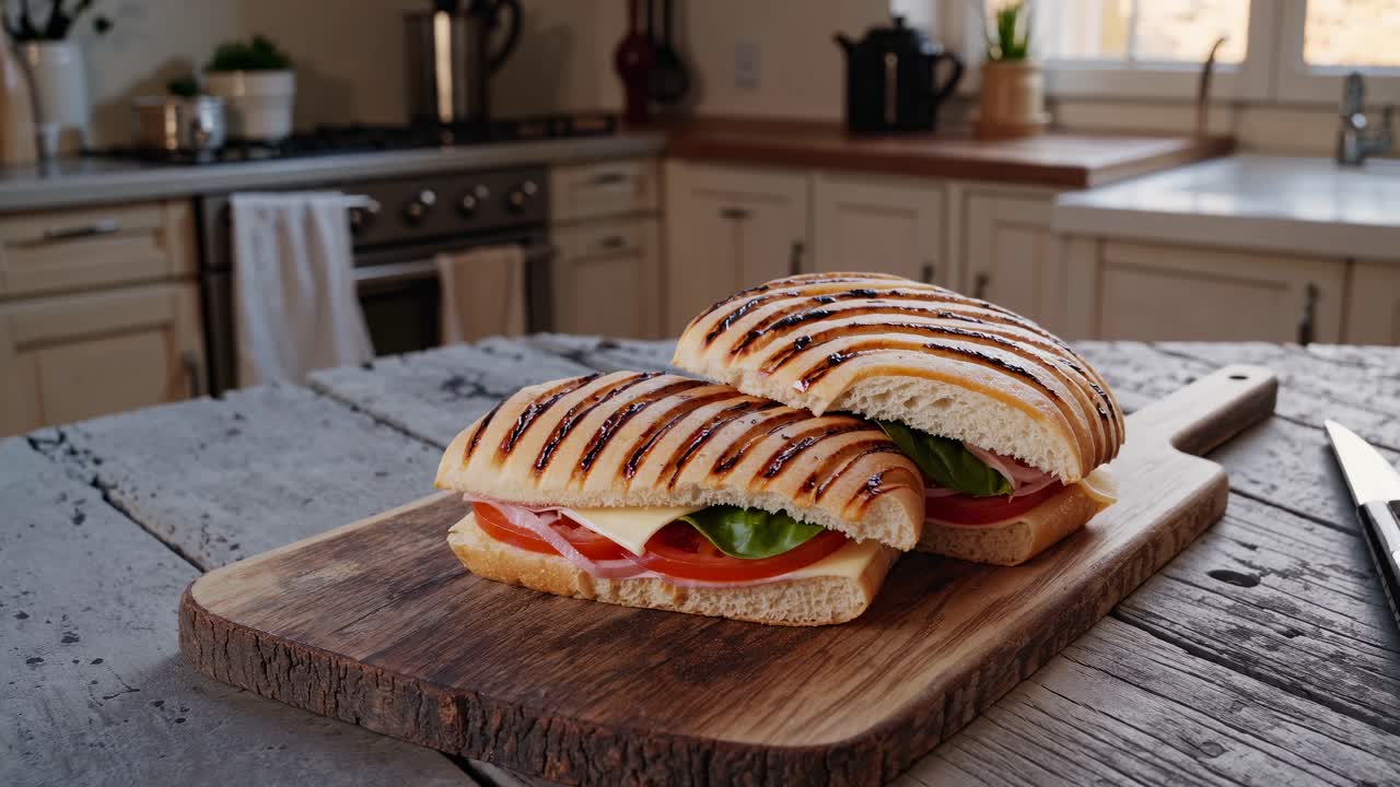 Scena di cucina rustica con un'inquadratura ravvicinata di panini grigliati su un tagliere di legno