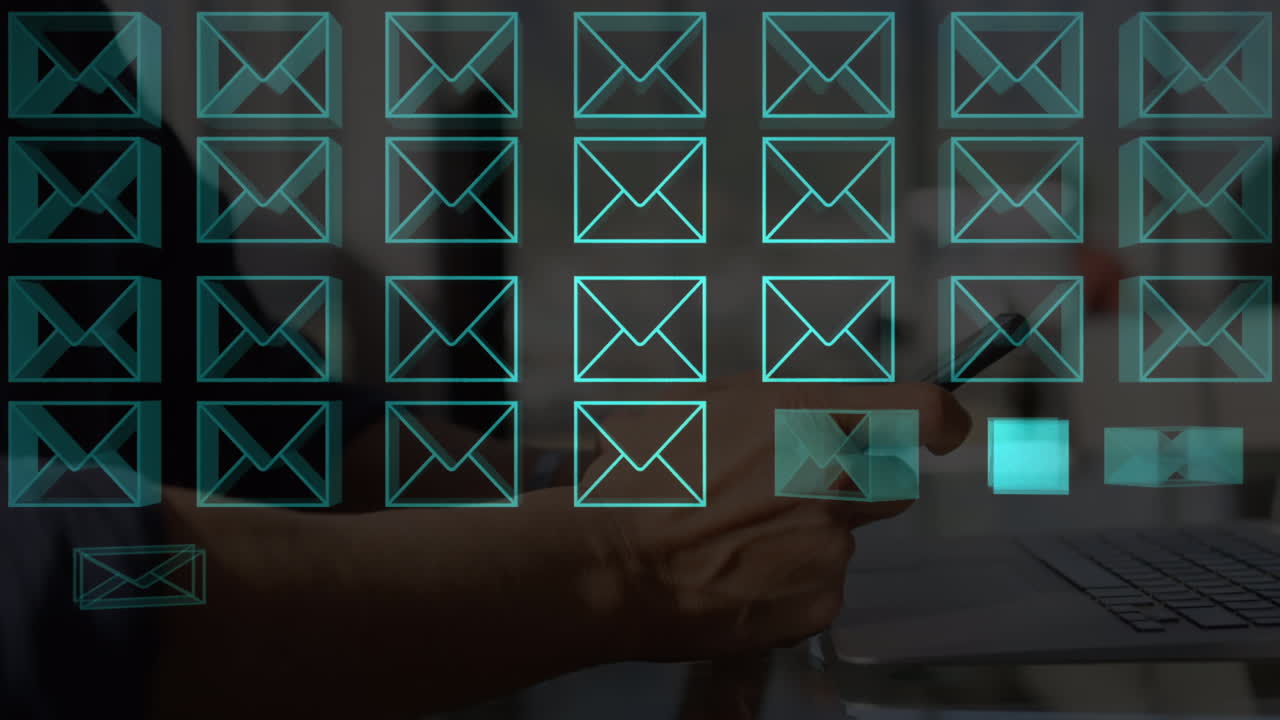 Animation of multiple message icons against mid section of man using smartphone at office