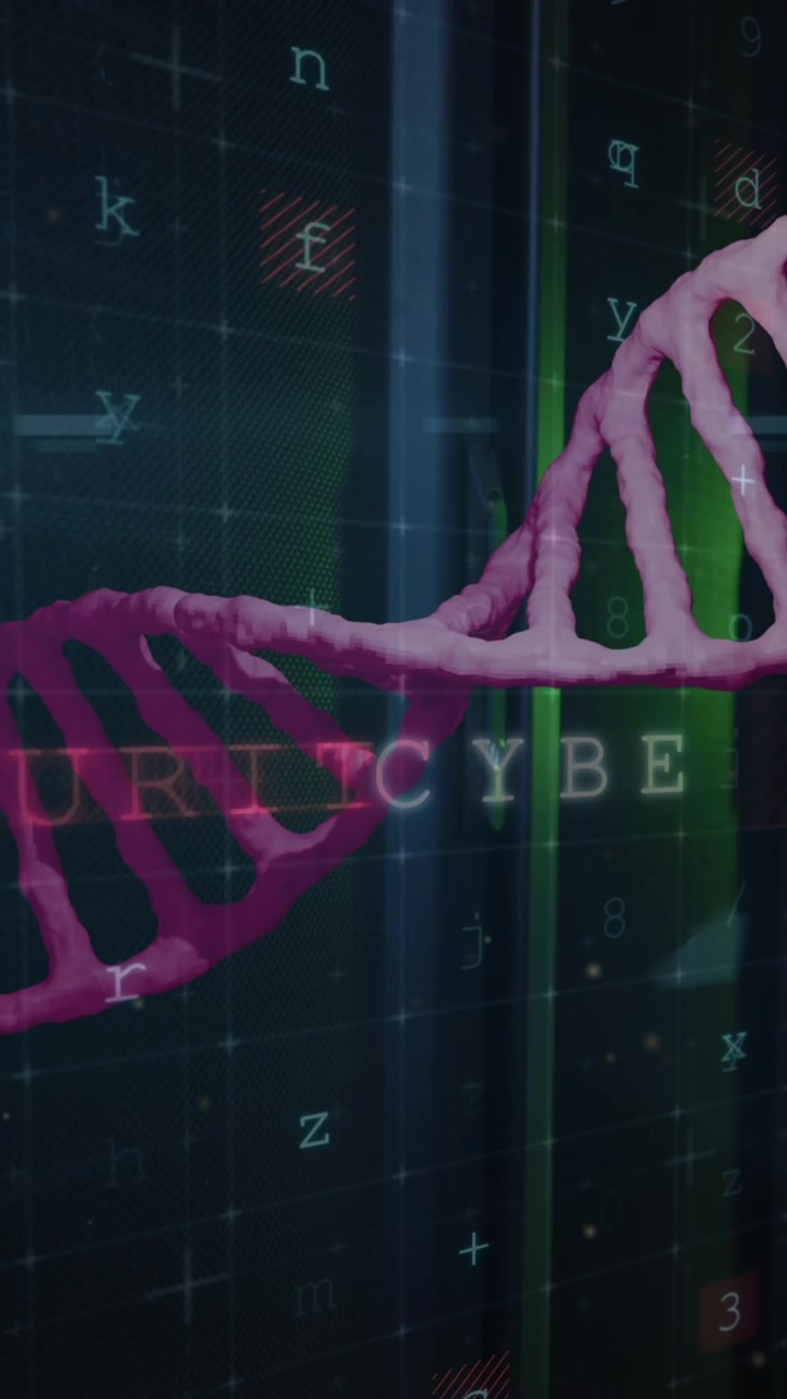 Cyber security data processing and dna structure spinning against computer server room