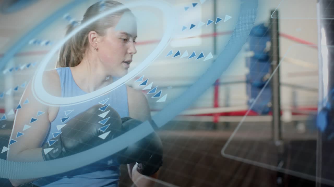 Trainer cueing, woman boxer training, punching in boxing ring, blue HUD tracking motion paths