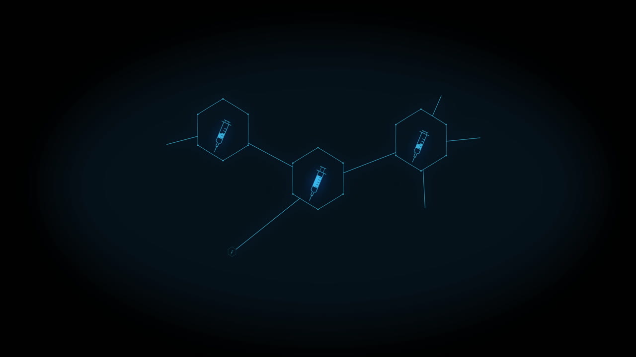Animation of growing network of blue syringe icons on black background