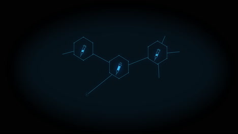 animación de una red creciente de iconos de jeringas azules sobre un fondo negro