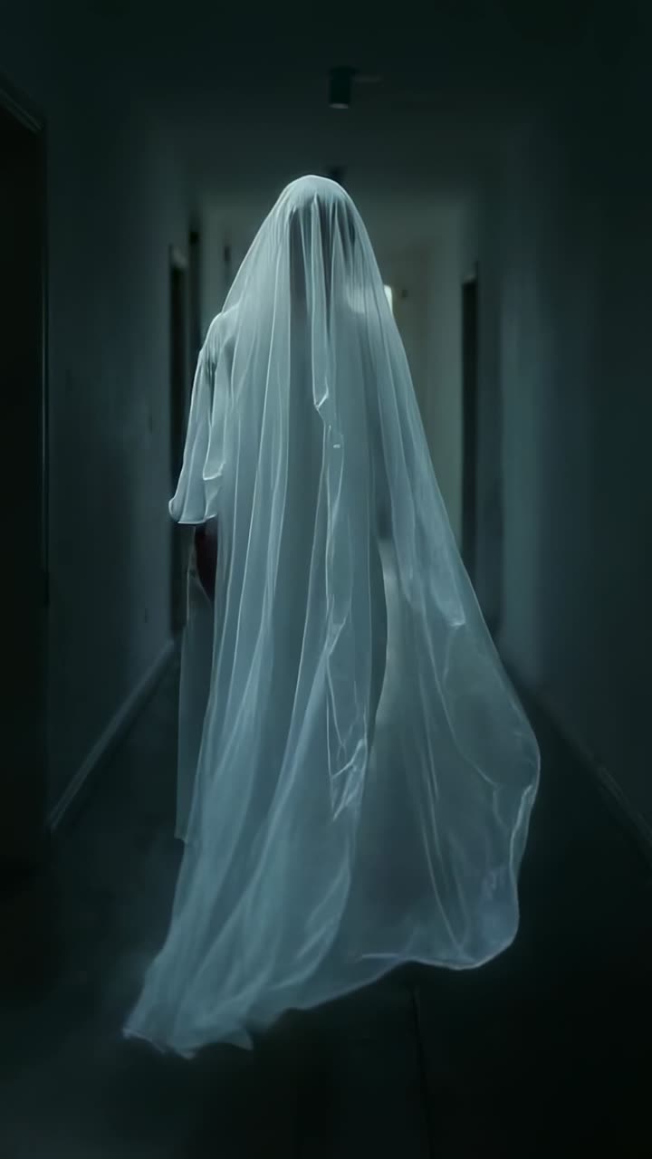 Vertical video: Walking female along dim corridor following bright window, with long veil