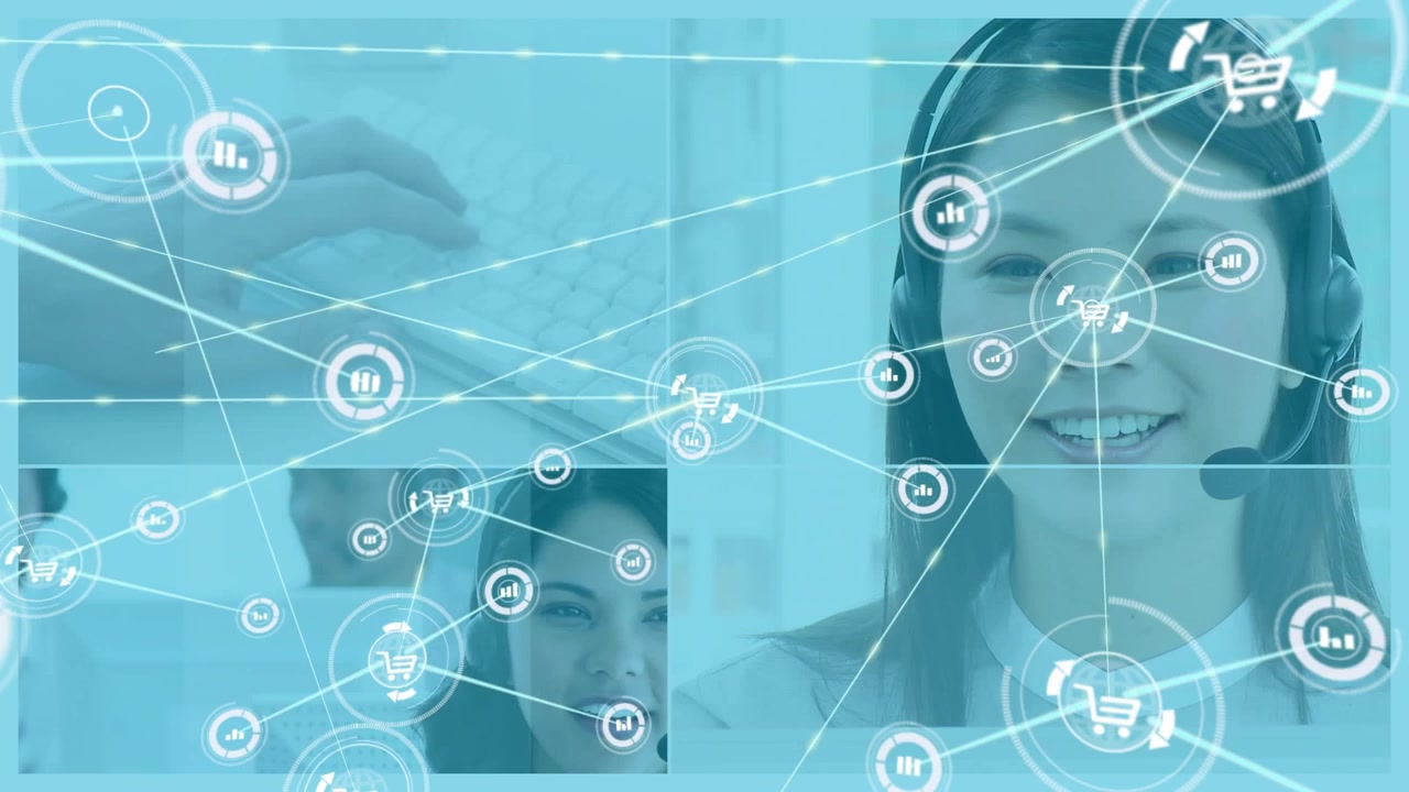 Animación de red de conexiones con iconos sobre empresaria asiática usando auriculares telefónicos